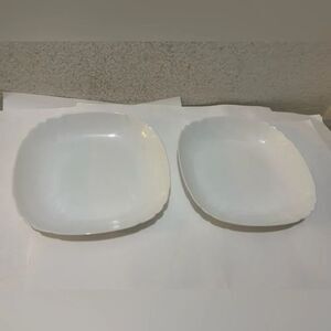 Arcopal France rimmed square bowls 8” Milk White Glass Vintage Set of 2 MINT